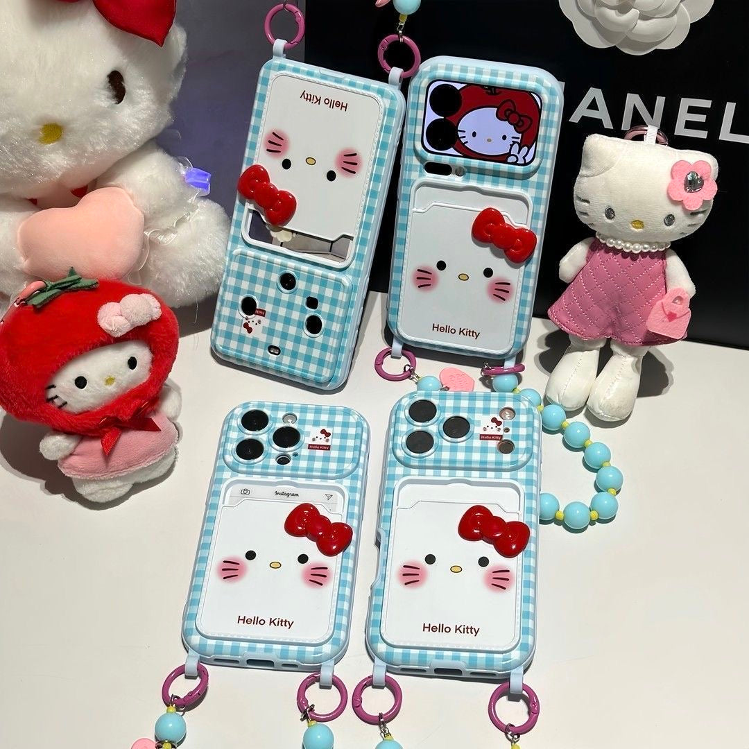 Kawaii Blue Plaid Hello Kitty Card Slot Phone Case, 3D Bow Decor With Detachable Beaded Wrist Chain Strap