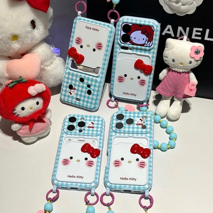 Kawaii Blue Plaid Hello Kitty Card Slot Phone Case, 3D Bow Decor With Detachable Beaded Wrist Chain Strap