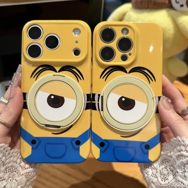 Cute Cartoon Minions Phone Case With 3D Rotatable Big Eye Ring Stand, Glossy Yellow Shockproof Protective Phone Cover For iPhone All Models