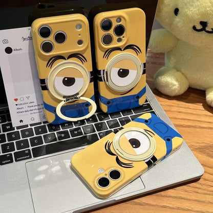 Cute Cartoon Minions Phone Case With 3D Rotatable Big Eye Ring Stand, Glossy Yellow Shockproof Protective Phone Cover For iPhone All Models