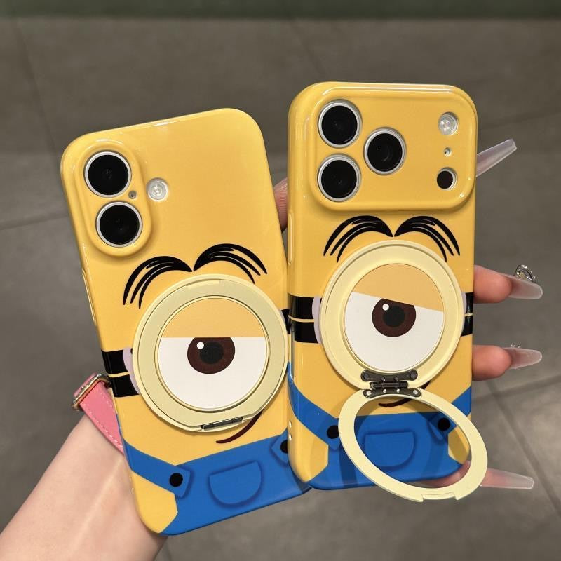 Cute Cartoon Minions Phone Case With 3D Rotatable Big Eye Ring Stand, Glossy Yellow Shockproof Protective Phone Cover For iPhone All Models
