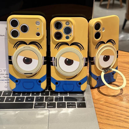 Cute Cartoon Minions Phone Case With 3D Rotatable Big Eye Ring Stand, Glossy Yellow Shockproof Protective Phone Cover For iPhone All Models