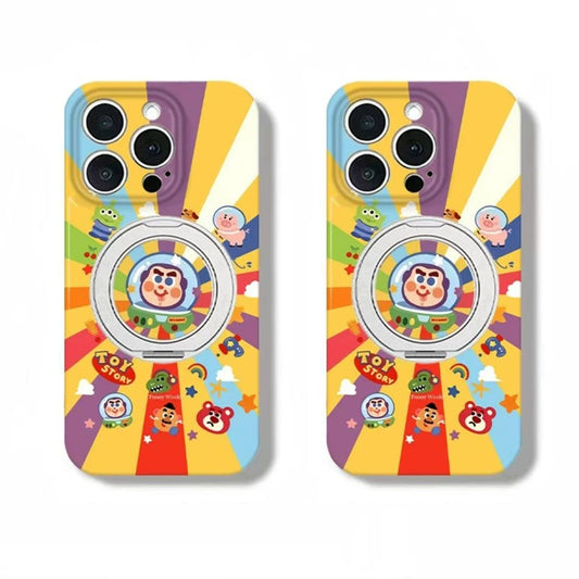 Rainbow Toy Story Magsafe Phone Case with Kickstand, Cute Buzz Lightyear Alien Bear Cartoon Magnetic Case for iPhone 1