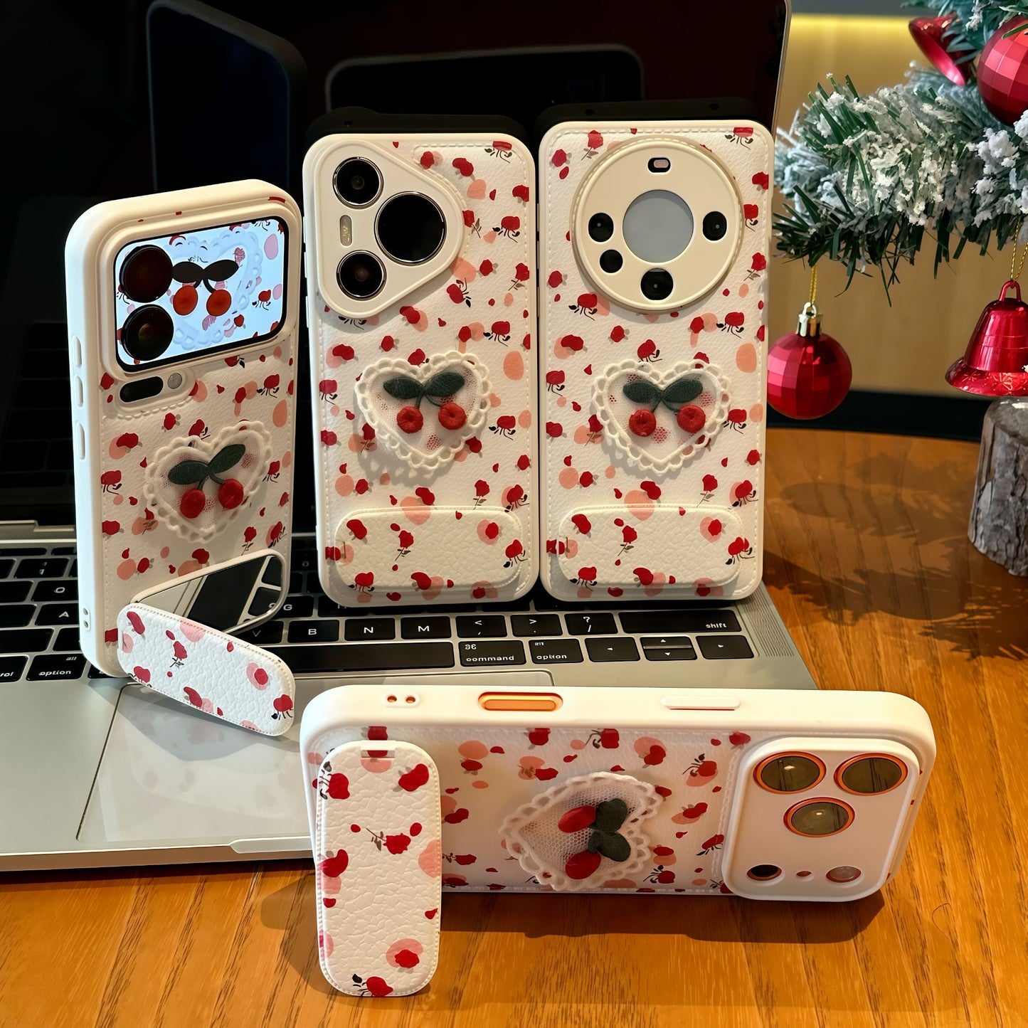 Cute 3D Cherry Floral Leather Phone Case With Foldable Kickstand, Shockproof Protective Cover For iPhone