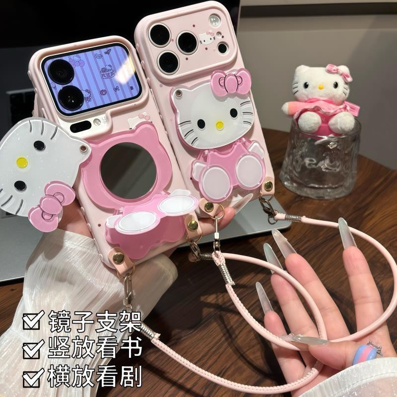 Girly Aesthetic Hello Kitty Mirror Phone Case, Adjustable Wrist Lanyard 3D Kitty Holder Design Anti-drop Cute Cartoon Cell Phone Cover for Girls Women