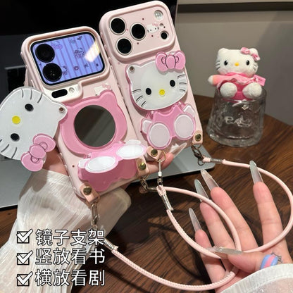 Girly Aesthetic Hello Kitty Mirror Phone Case, Adjustable Wrist Lanyard 3D Kitty Holder Design Anti-drop Cute Cartoon Cell Phone Cover for Girls Women