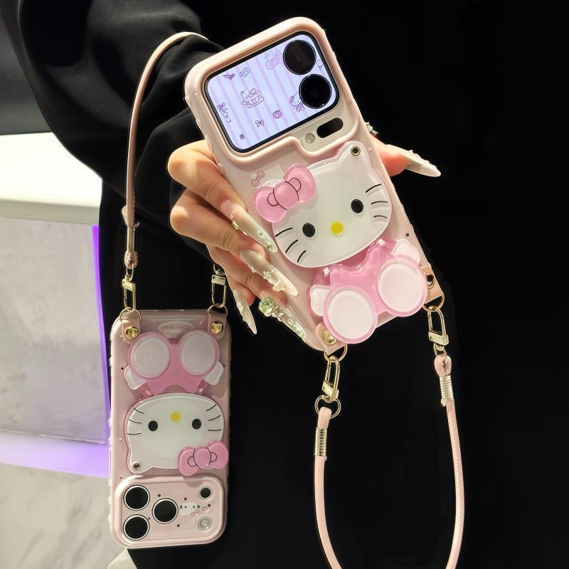 Girly Aesthetic Hello Kitty Mirror Phone Case, Adjustable Wrist Lanyard 3D Kitty Holder Design Anti-drop Cute Cartoon Cell Phone Cover for Girls Women