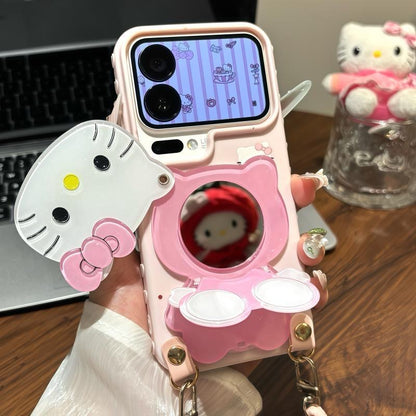 Girly Aesthetic Hello Kitty Mirror Phone Case, Adjustable Wrist Lanyard 3D Kitty Holder Design Anti-drop Cute Cartoon Cell Phone Cover for Girls Women