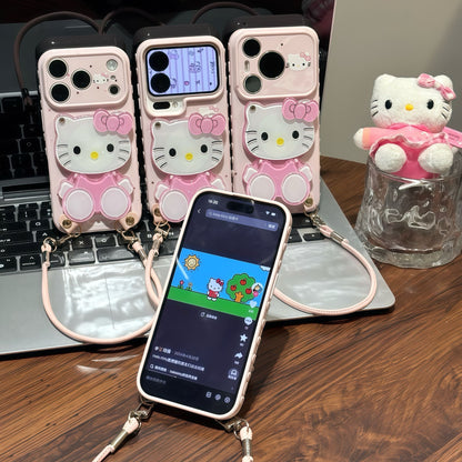 Girly Aesthetic Hello Kitty Mirror Phone Case, Adjustable Wrist Lanyard 3D Kitty Holder Design Anti-drop Cute Cartoon Cell Phone Cover for Girls Women