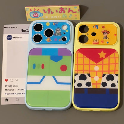 Color Block Toy Story Phone Case, Trendy Buzz & Woody Cartoon Lens Frame Anti-drop Shell For iPhone