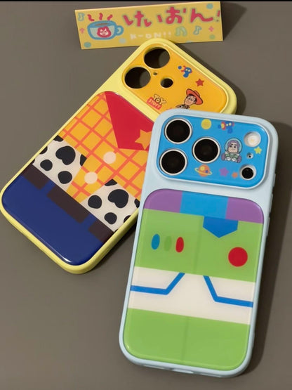 Color Block Toy Story Phone Case, Trendy Buzz & Woody Cartoon Lens Frame Anti-drop Shell For iPhone