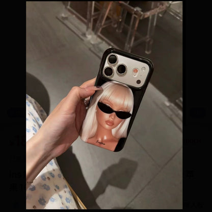 Trendy White Hair Sunglasses Barbie Girl Phone Case, Electroplated Black Mirror Lens Window Design, Cute Y2K Women Fashion Case