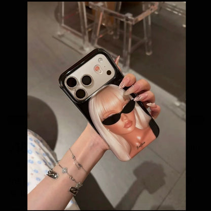 Trendy White Hair Sunglasses Barbie Girl Phone Case, Electroplated Black Mirror Lens Window Design, Cute Y2K Women Fashion Case