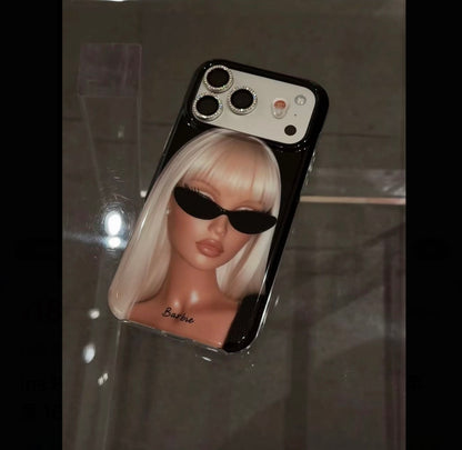 Trendy White Hair Sunglasses Barbie Girl Phone Case, Electroplated Black Mirror Lens Window Design, Cute Y2K Women Fashion Case