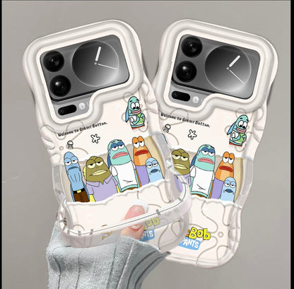 Cartoon SpongeBob Bikini Bottom Fish Characters Wavy Frame Phone Case, Transparent Aesthetic Shock Absorbing Phone Cover For All iPhone Models
