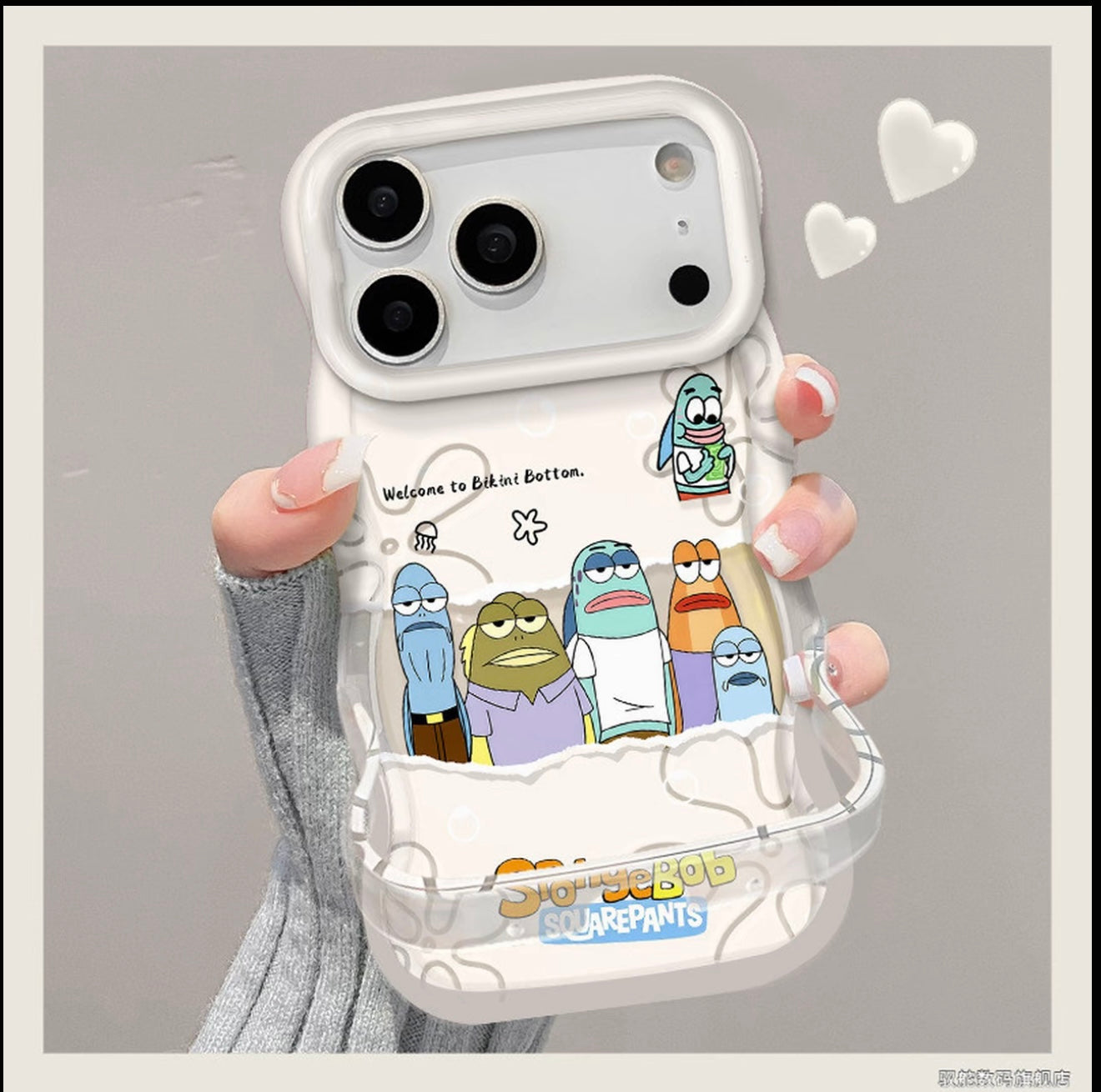 Cartoon SpongeBob Bikini Bottom Fish Characters Wavy Frame Phone Case, Transparent Aesthetic Shock Absorbing Phone Cover For All iPhone Models