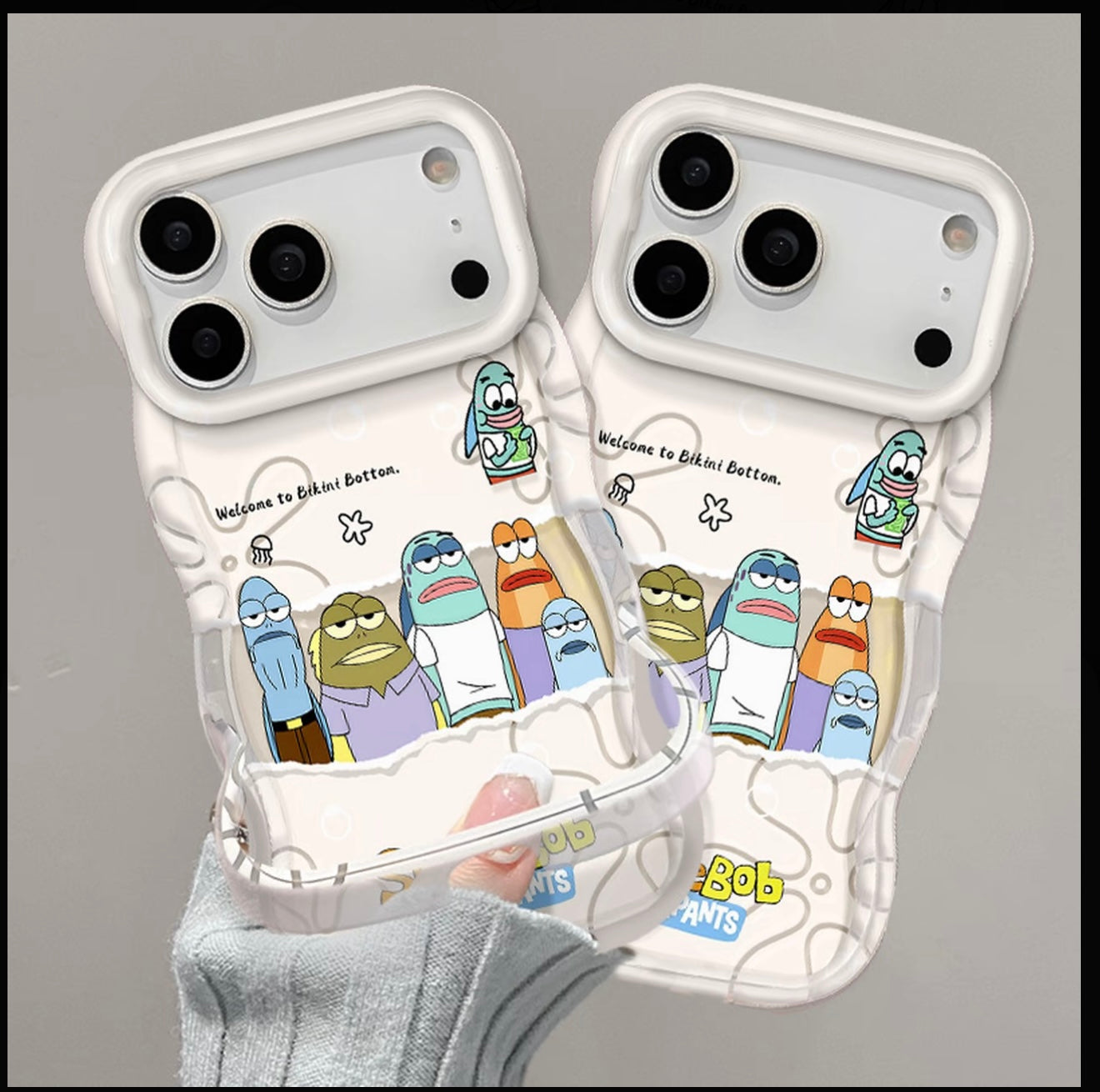 Cartoon SpongeBob Bikini Bottom Fish Characters Wavy Frame Phone Case, Transparent Aesthetic Shock Absorbing Phone Cover For All iPhone Models