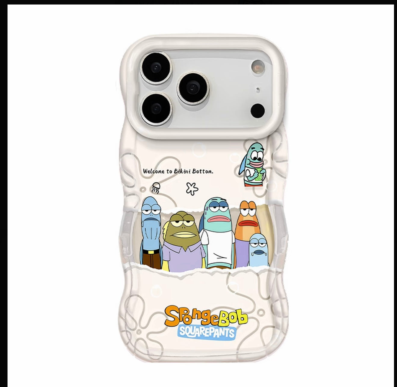 Cartoon SpongeBob Bikini Bottom Fish Characters Wavy Frame Phone Case, Transparent Aesthetic Shock Absorbing Phone Cover For All iPhone Models
