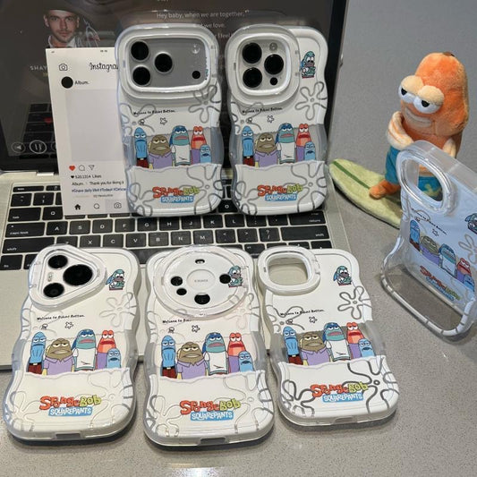 Cartoon SpongeBob Bikini Bottom Fish Characters Wavy Frame Phone Case, Transparent Aesthetic Shock Absorbing Phone Cover For All iPhone Models