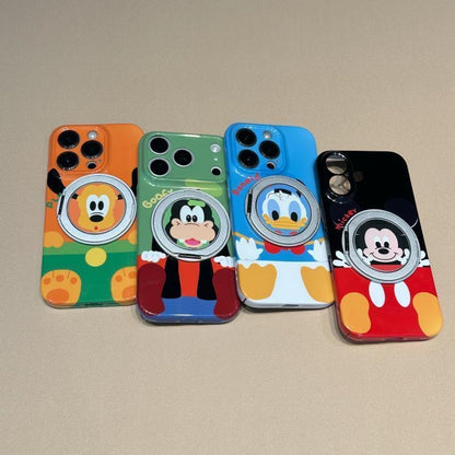 Glossy Cute Disney Cartoon Phone Case with 360° Rotating Magnetic Ring Stand, Donald Duck / Goofy / Pluto / Mickey Mouse Anti-drop Protective Case for iPhone