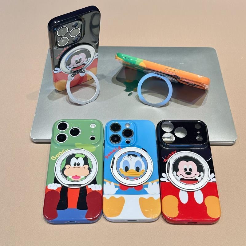 Glossy Cute Disney Cartoon Phone Case with 360° Rotating Magnetic Ring Stand, Donald Duck / Goofy / Pluto / Mickey Mouse Anti-drop Protective Case for iPhone