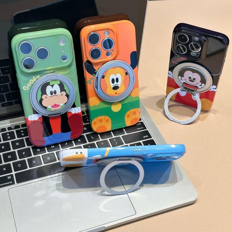 Glossy Cute Disney Cartoon Phone Case with 360° Rotating Magnetic Ring Stand, Donald Duck / Goofy / Pluto / Mickey Mouse Anti-drop Protective Case for iPhone