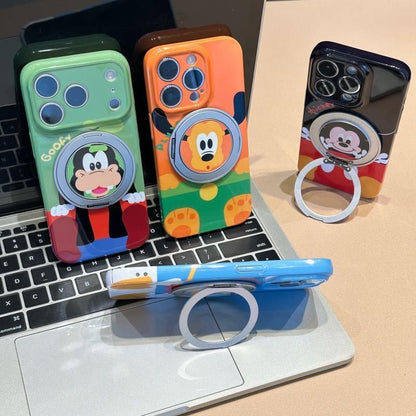 Glossy Cute Disney Cartoon Phone Case with 360° Rotating Magnetic Ring Stand, Donald Duck / Goofy / Pluto / Mickey Mouse Anti-drop Protective Case for iPhone