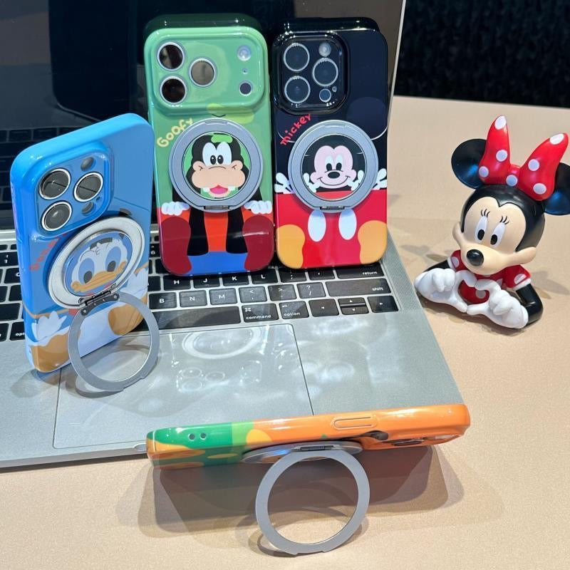 Glossy Cute Disney Cartoon Phone Case with 360° Rotating Magnetic Ring Stand, Donald Duck / Goofy / Pluto / Mickey Mouse Anti-drop Protective Case for iPhone