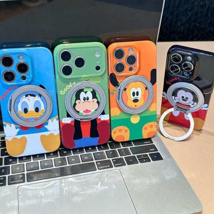Glossy Cute Disney Cartoon Phone Case with 360° Rotating Magnetic Ring Stand, Donald Duck / Goofy / Pluto / Mickey Mouse Anti-drop Protective Case for iPhone
