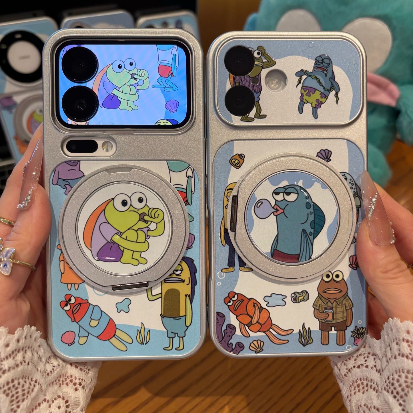 Funny SpongeBob Bubble Fish Character Magsafe Case With 360° Rotatable Ring Stand, Shockproof Protective Phone Cover For iPhone