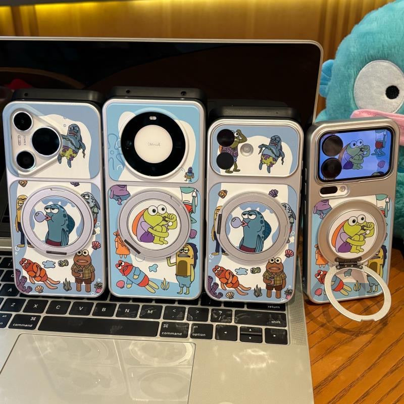Funny SpongeBob Bubble Fish Character Magsafe Case With 360° Rotatable Ring Stand, Shockproof Protective Phone Cover For iPhone