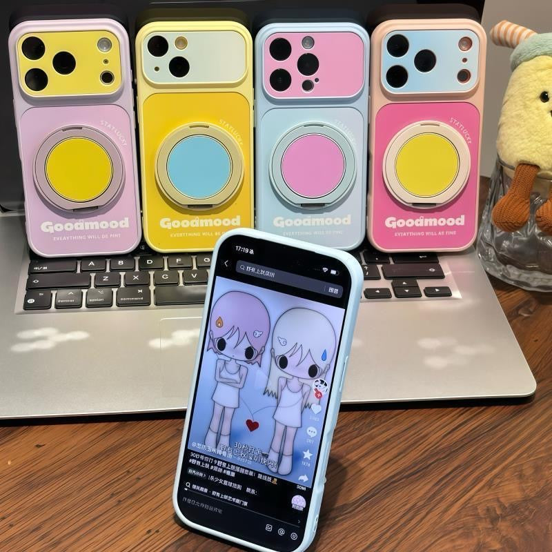 Aesthetic Pastel Dual Color Phone Case With 360° Rotation Ring Stand, Goodmood Everything Will Be Fine Text Soft Anti-drop  Protective Case