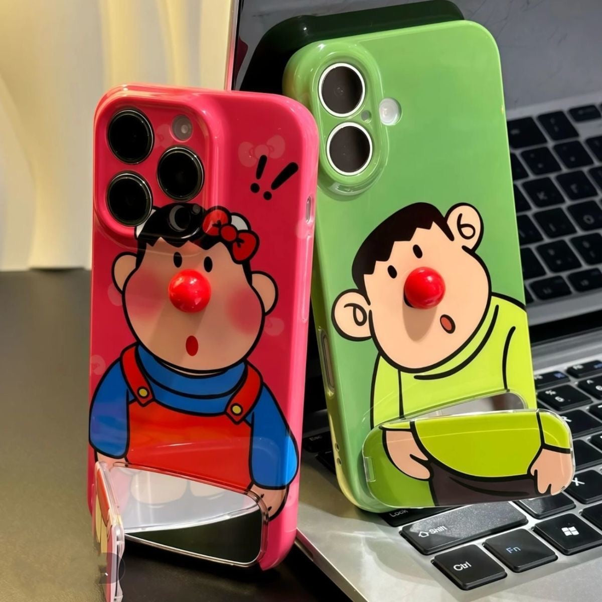 Kawaii Funny Character Phone Case Built-In Makeup Mirror Stand, Glossy Shockproof Phone Cover For All Models
