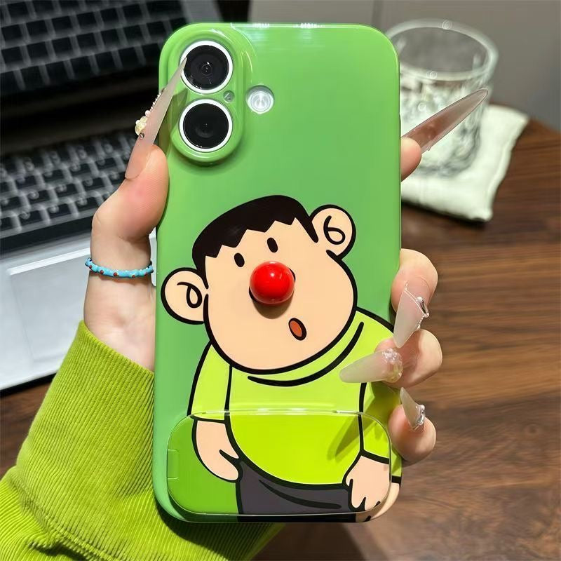 Kawaii Funny Character Phone Case Built-In Makeup Mirror Stand, Glossy Shockproof Phone Cover For All Models