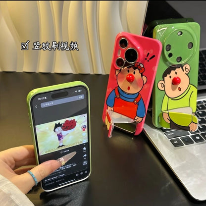 Kawaii Funny Character Phone Case Built-In Makeup Mirror Stand, Glossy Shockproof Phone Cover For All Models
