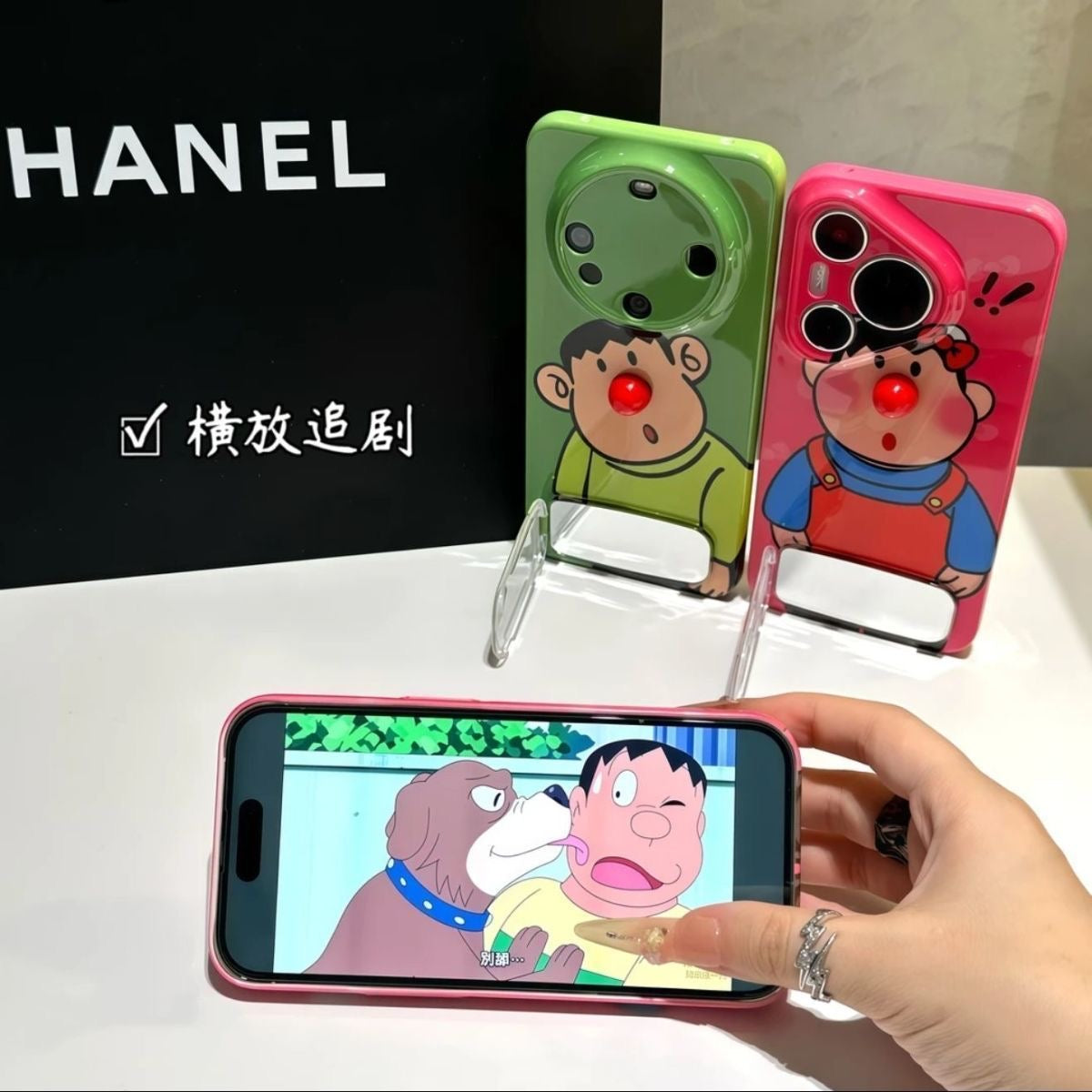 Kawaii Funny Character Phone Case Built-In Makeup Mirror Stand, Glossy Shockproof Phone Cover For All Models
