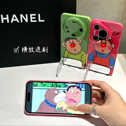Kawaii Funny Character Phone Case Built-In Makeup Mirror Stand, Glossy Shockproof Phone Cover For All Models