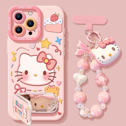 Aesthetic Kawaii  Kitty Phone Case Set – 3D Embossed Kitty Soft Silicone Cover With Foldable Makeup Mirror, Sweet Pink Beaded Hello Kitty Bracelet Wrist Strap, Lovely Cartoon Cake Bear Pattern Protective Shell For iPhone