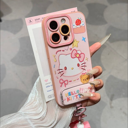 Aesthetic Kawaii  Kitty Phone Case Set – 3D Embossed Kitty Soft Silicone Cover With Foldable Makeup Mirror, Sweet Pink Beaded Hello Kitty Bracelet Wrist Strap, Lovely Cartoon Cake Bear Pattern Protective Shell For iPhone