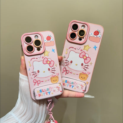 Aesthetic Kawaii  Kitty Phone Case Set – 3D Embossed Kitty Soft Silicone Cover With Foldable Makeup Mirror, Sweet Pink Beaded Hello Kitty Bracelet Wrist Strap, Lovely Cartoon Cake Bear Pattern Protective Shell For iPhone
