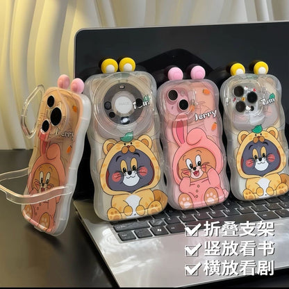 3D Pom Pom Ear Tom Jerry Cat Mouse Phone Case Built-in Foldable Stand Wave Clear Shockproof Cartoon Character Phone Cover For All Models