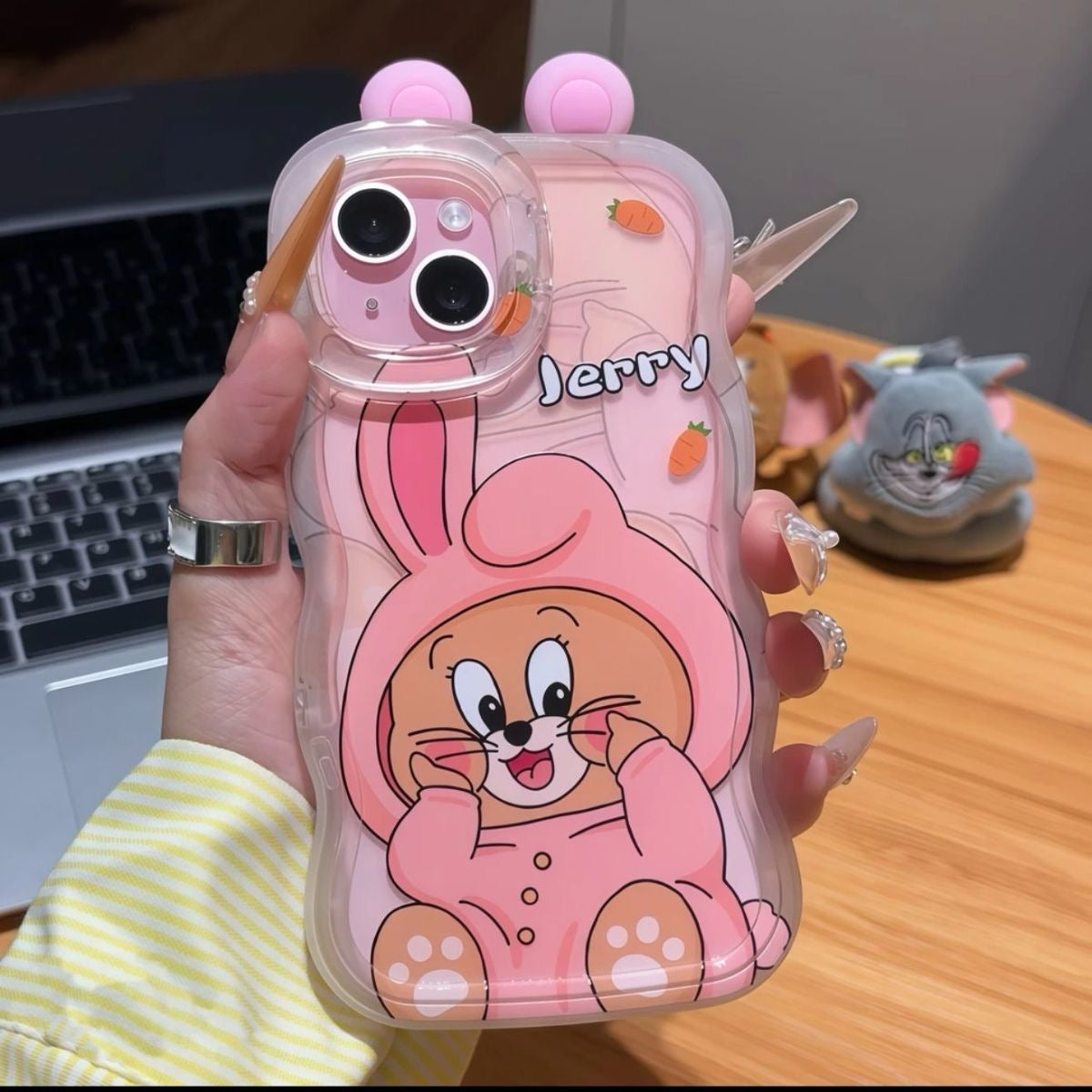 3D Pom Pom Ear Tom Jerry Cat Mouse Phone Case Built-in Foldable Stand Wave Clear Shockproof Cartoon Character Phone Cover For All Models