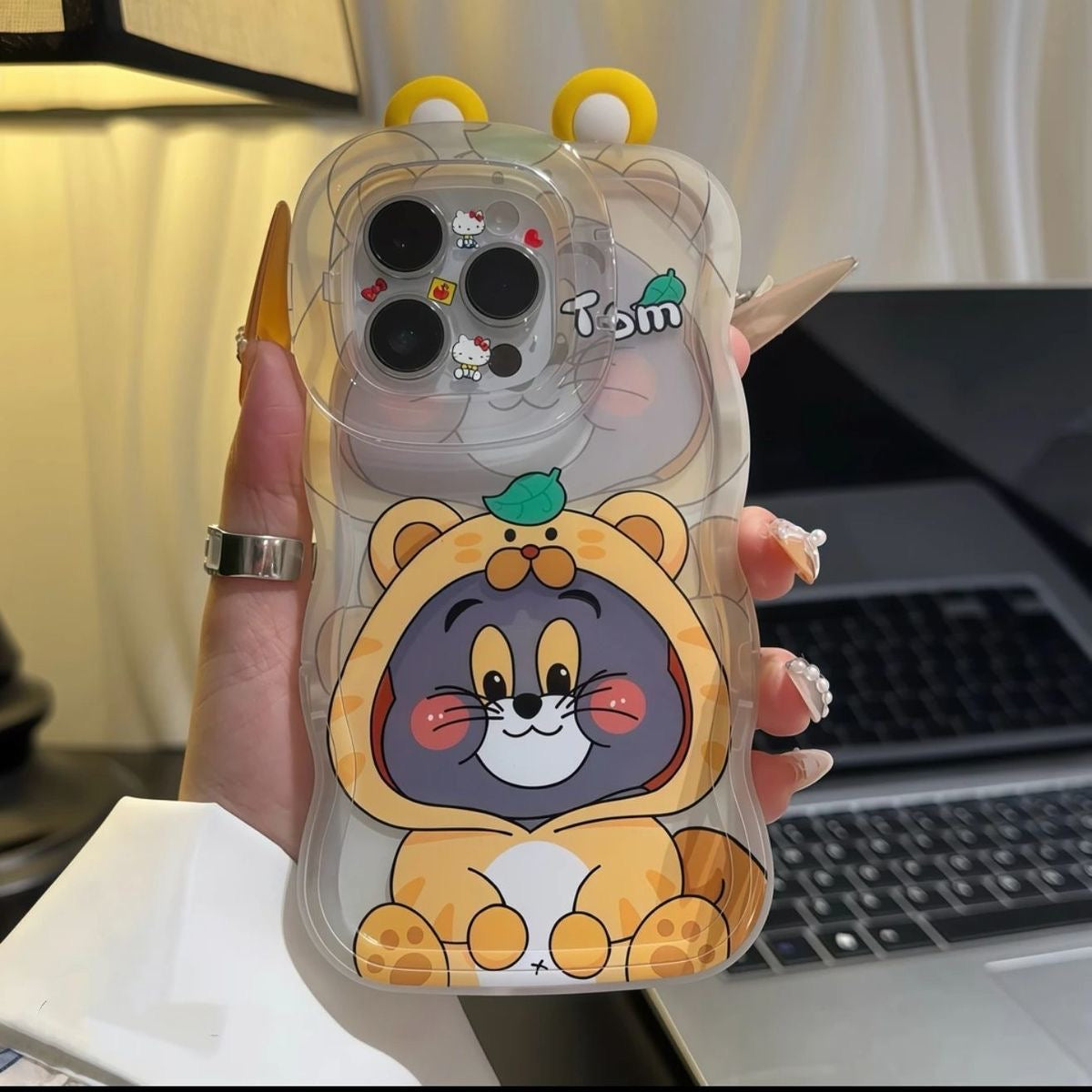 3D Pom Pom Ear Tom Jerry Cat Mouse Phone Case Built-in Foldable Stand Wave Clear Shockproof Cartoon Character Phone Cover For All Models