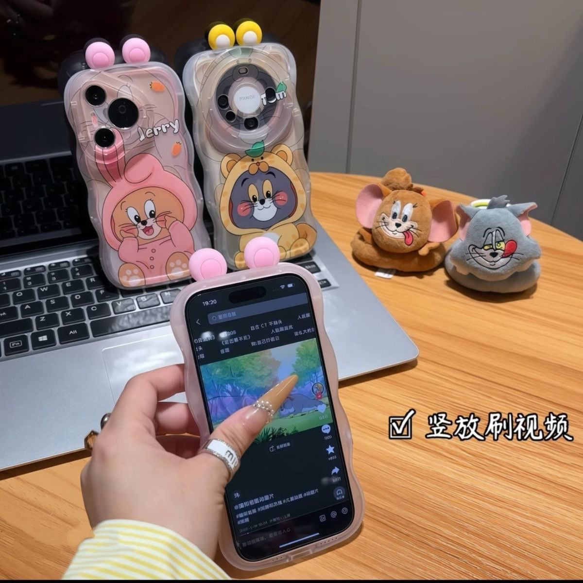 3D Pom Pom Ear Tom Jerry Cat Mouse Phone Case Built-in Foldable Stand Wave Clear Shockproof Cartoon Character Phone Cover For All Models
