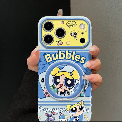 Cute Bubbles Powerpuff Girls MagSafe Phone Case, Cartoon Flip Lens Window Protective Cover with Foldable Ring Stand for iPhone