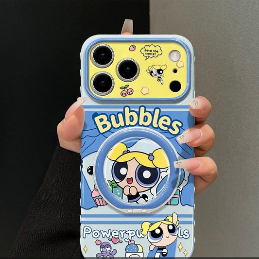 Cute Bubbles Powerpuff Girls Phone Case, Cartoon Flip Lens Window Protective Cover with Foldable Ring Stand for iPhone