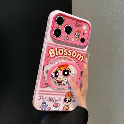 Cute Bubbles Powerpuff Girls MagSafe Phone Case, Cartoon Flip Lens Window Protective Cover with Foldable Ring Stand for iPhone
