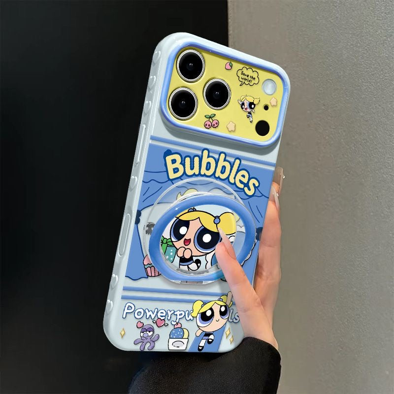 Cute Bubbles Powerpuff Girls MagSafe Phone Case, Cartoon Flip Lens Window Protective Cover with Foldable Ring Stand for iPhone