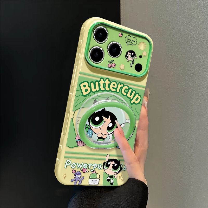 Cute Bubbles Powerpuff Girls MagSafe Phone Case, Cartoon Flip Lens Window Protective Cover with Foldable Ring Stand for iPhone
