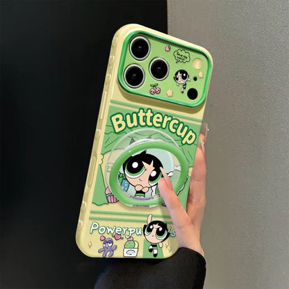 Cute Bubbles Powerpuff Girls MagSafe Phone Case, Cartoon Flip Lens Window Protective Cover with Foldable Ring Stand for iPhone